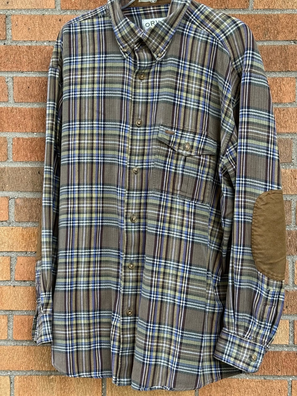 Men’s Orvis Fairbanks XL Cotton Flannel Button-Down Shirt Suede Elbow Patches